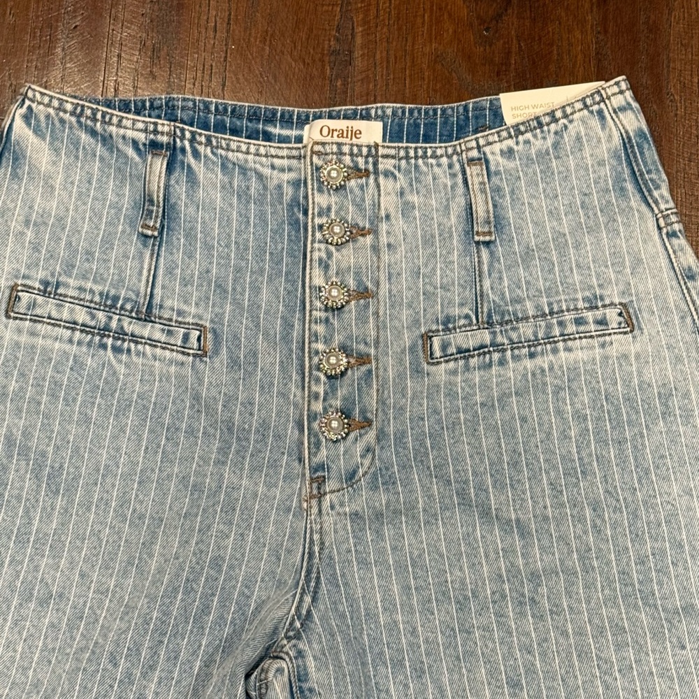 Oraije Paris Blue Striped High Waist Denim Shorts with Raw Hem - Picture 2 of 8